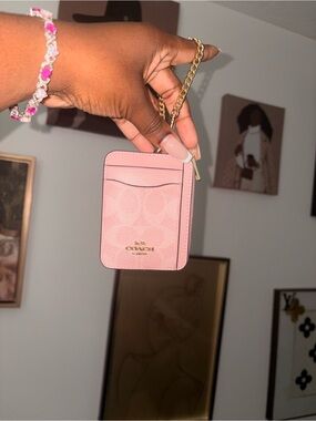 Coach Pink Leather Card Holder with Gold Chain